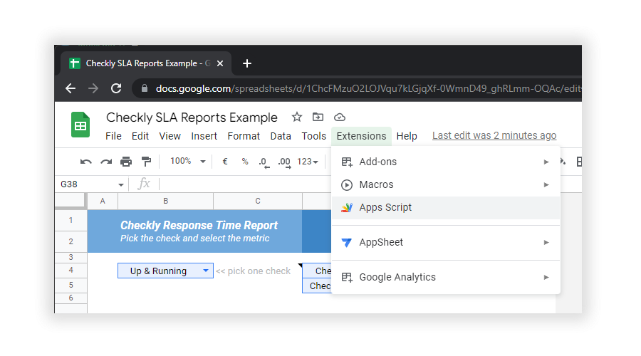 google sheets apps script menu